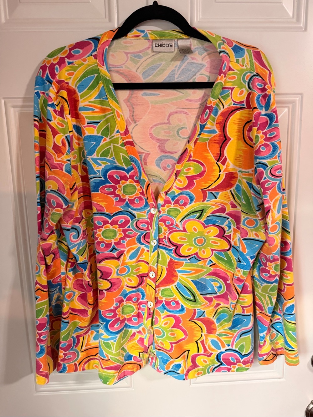 Chico's Bright Multi-Color Floral Button-Front Cardigan